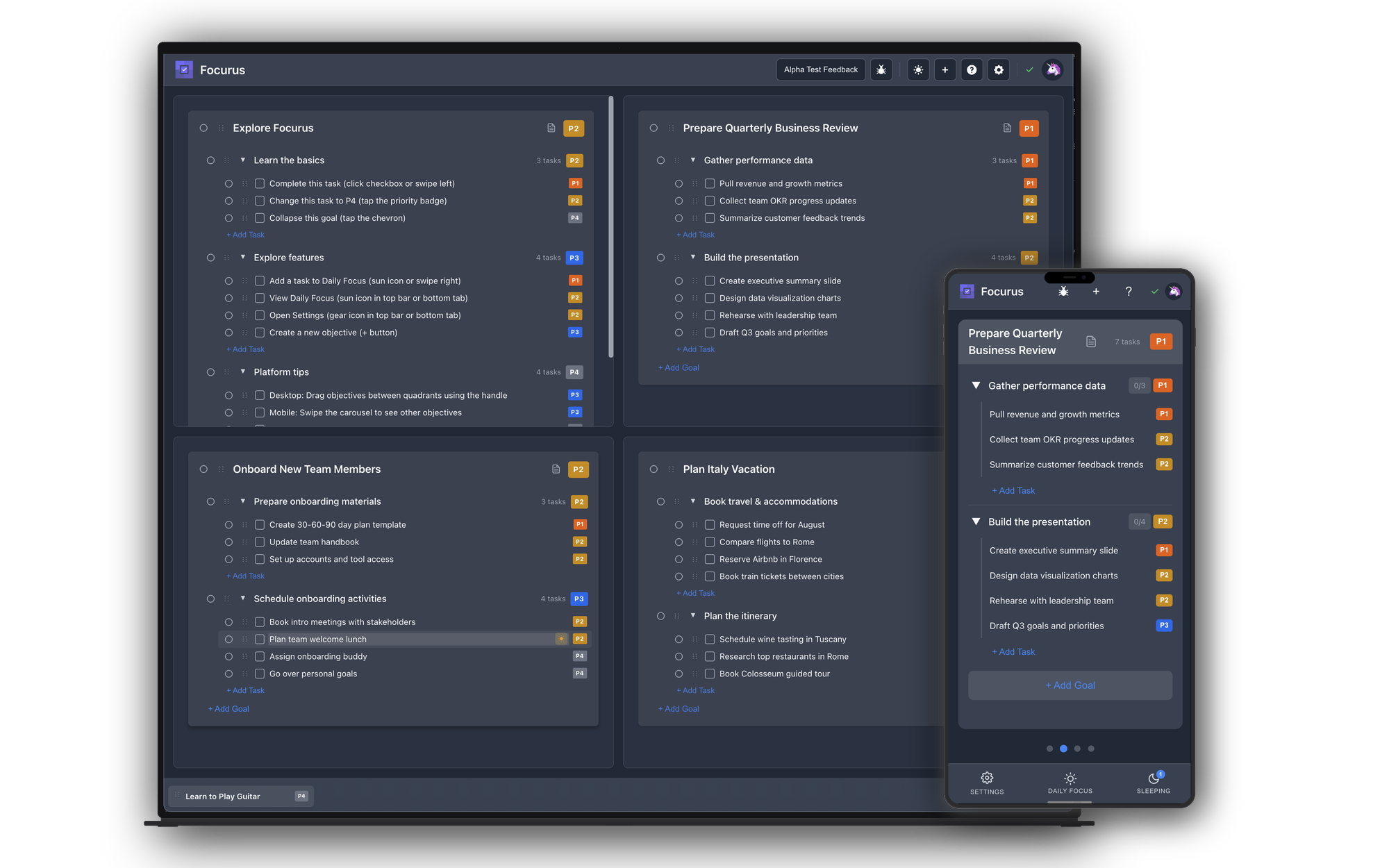 Focurus app showing four objectives in quadrant view on desktop and mobile